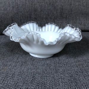 Vintage Fenton milk glass ruffle clear edges bowl